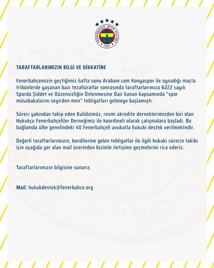 Fenerbahçe, ceza alan taraftarlarına hukuki destek verecek