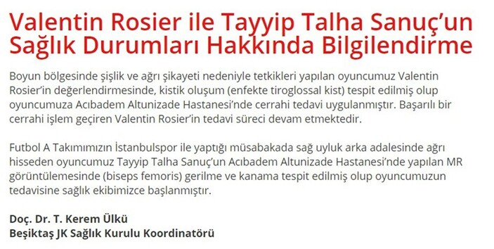 Beşiktaş'tan Rosier ve Tayyip Talha'nın sakatlığına dair günlük bilgilendirme