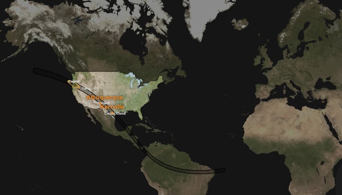 Siyah bant tutulmanın gerçekleşeceği bölgeleri gösteriyor.  Kaynak: NASA